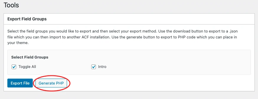 ACF PHP code export