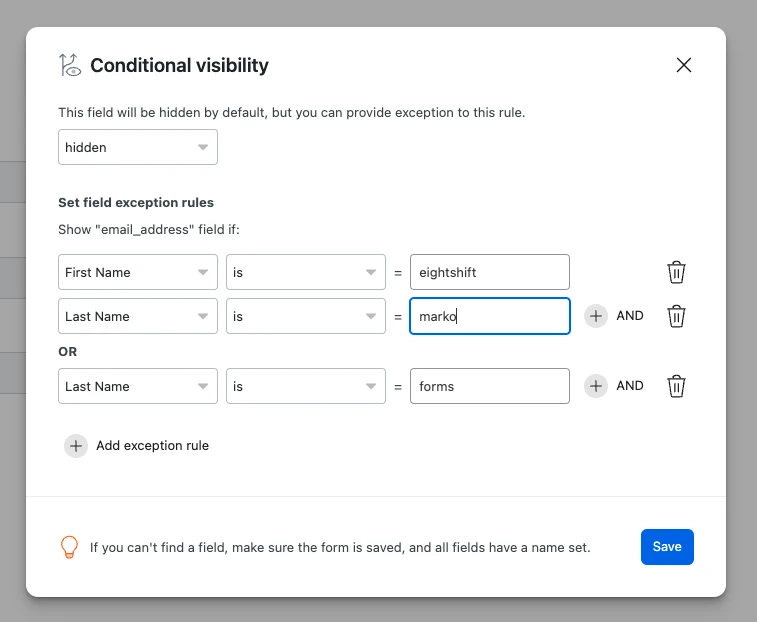 Conditional tags screen