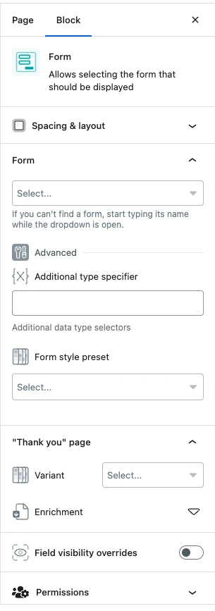 Forms Sidebar screen